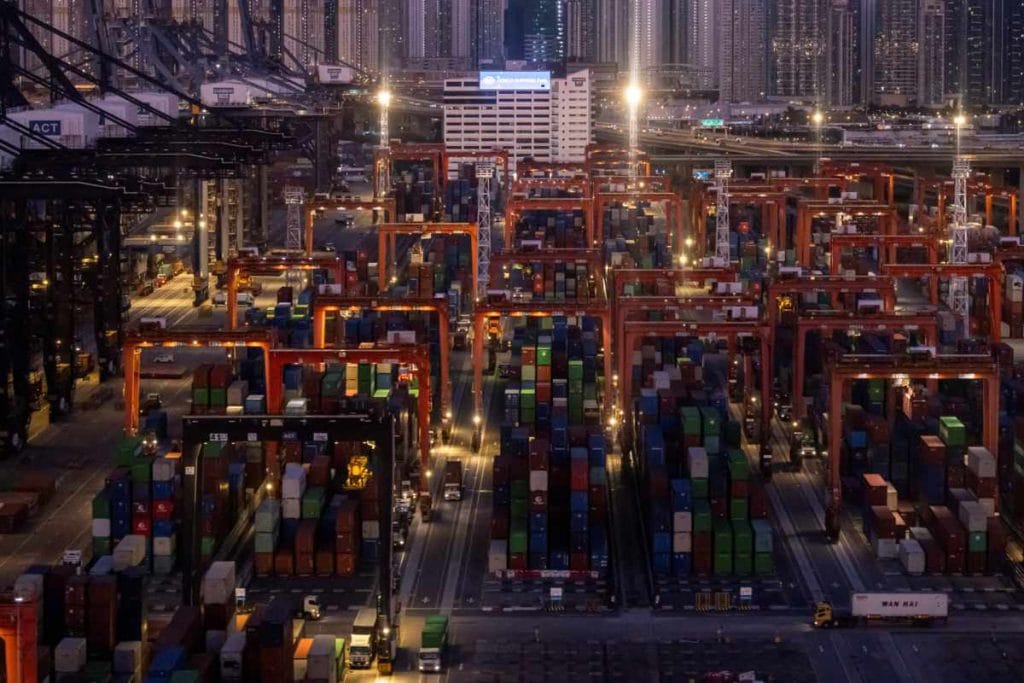 Cargo containers at a port, symbolizing the intensifying tariff war between China and the U.S.