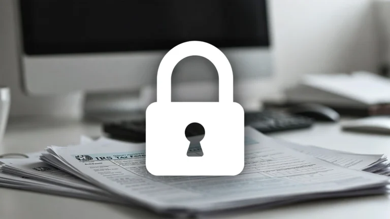 A digital padlock icon over a pile of official tax documents