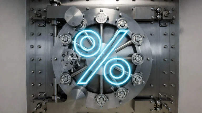 Aerial view of a Swiss bank vault door with a digital tax percentage icon